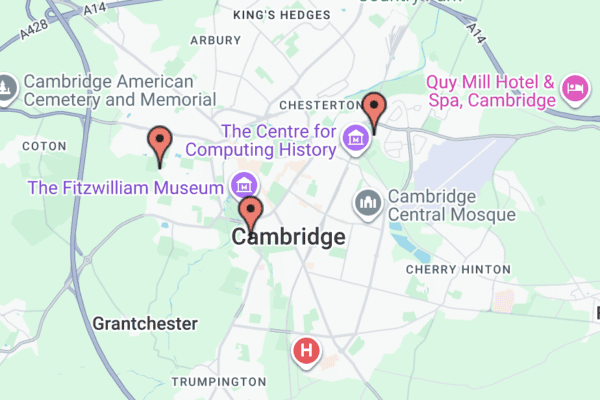 map of Cambridge with the 3 clinic locations highlighted