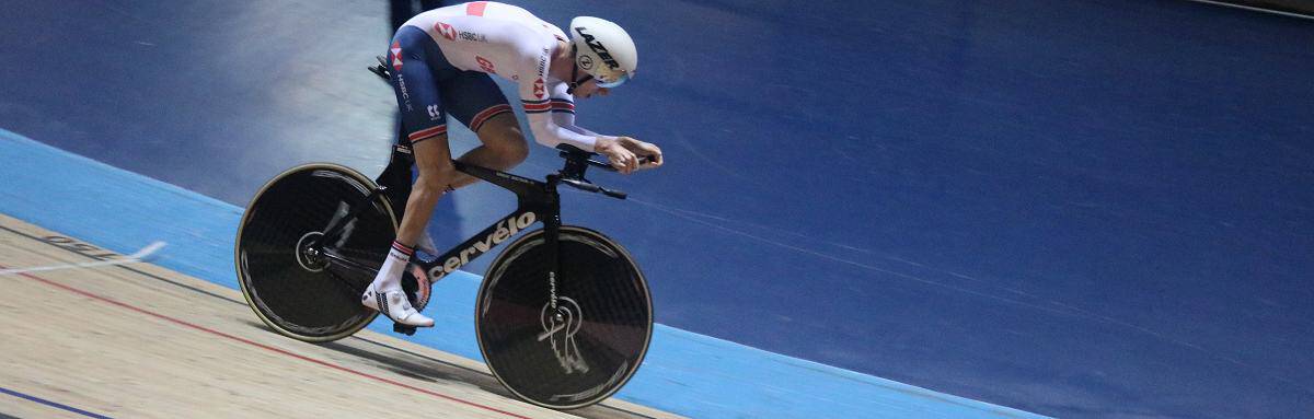 Louis Rolfe MBE racing in elite track cycling